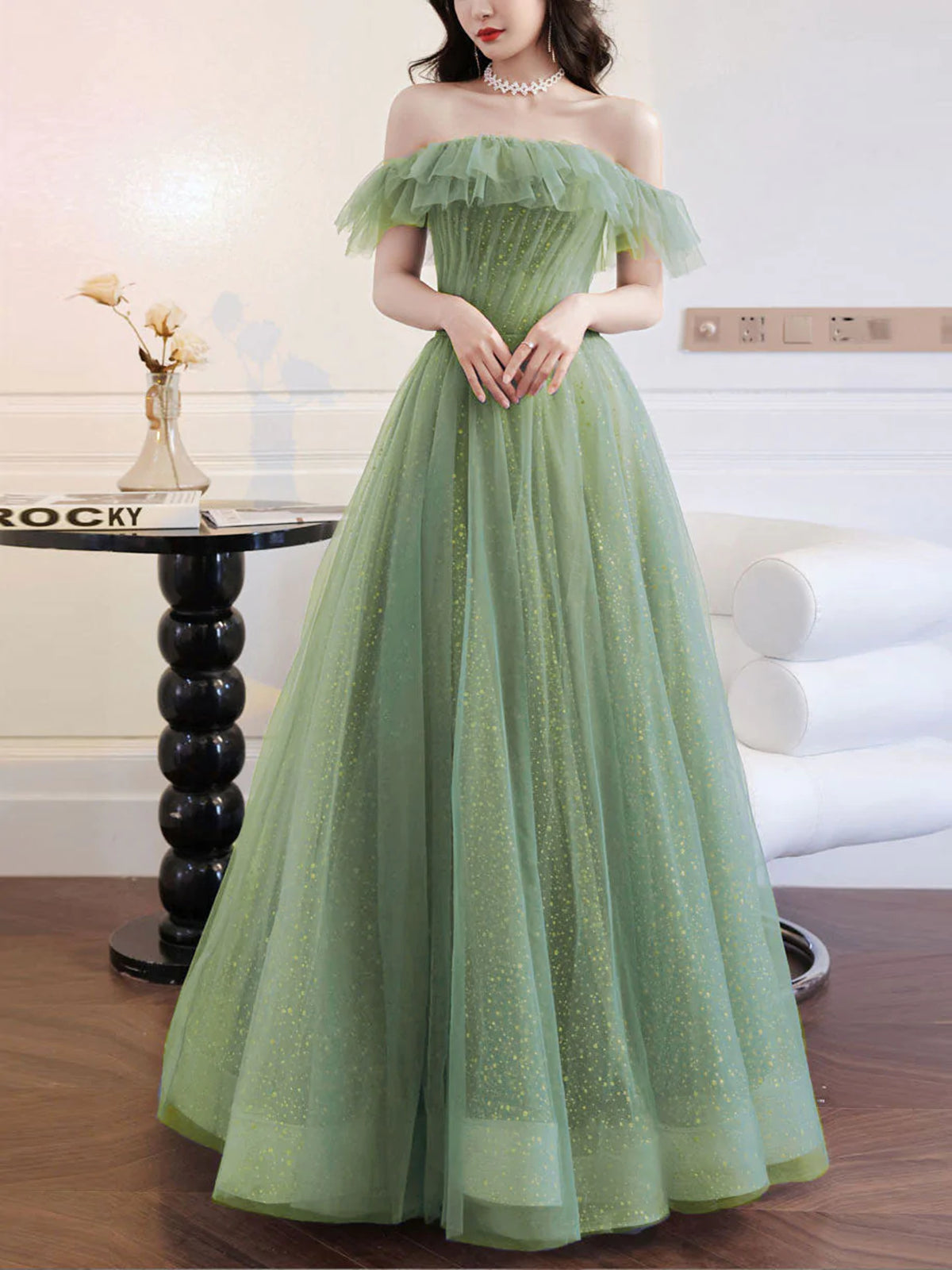 Shiny Off the Shoulder Green Prom Dresses, Off Shoulder Shiny Green Fo - shegown Shiny Off the Shoulder Green Prom Dresses, Off Shoulder Shiny Green Fo - shegown