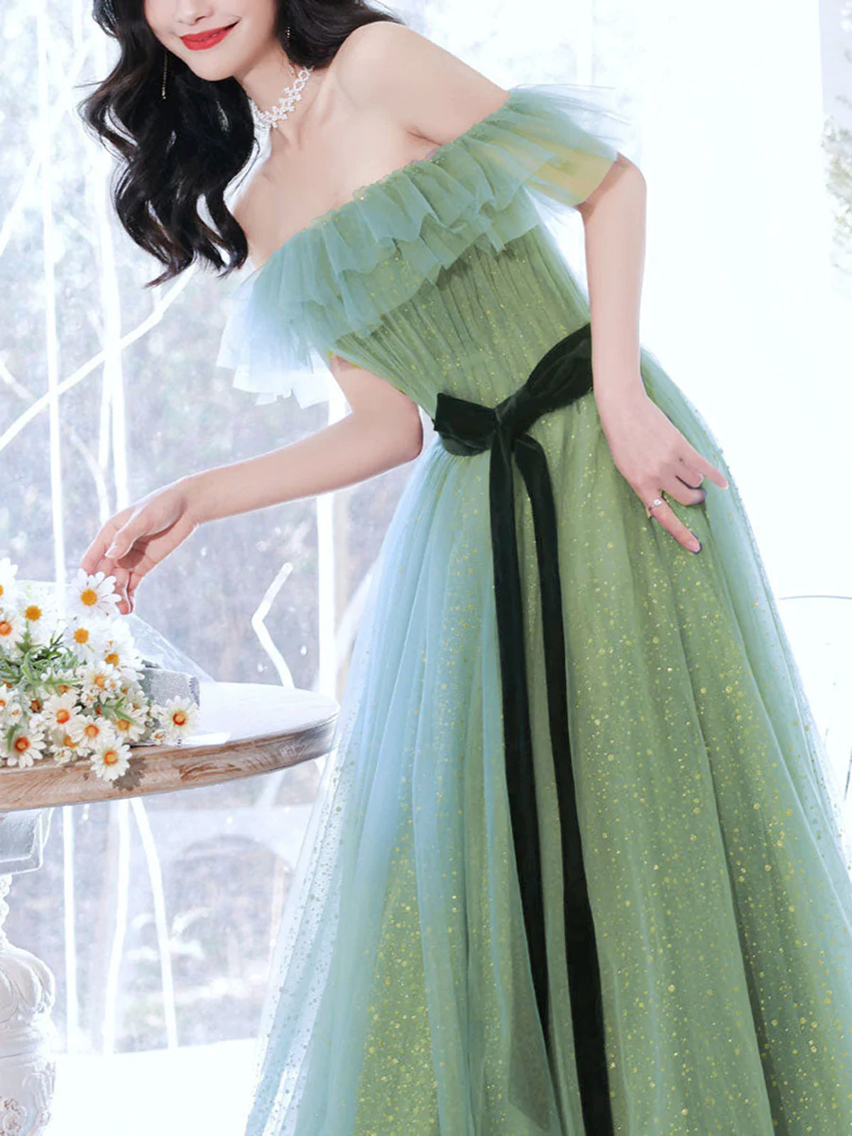 Shiny Off the Shoulder Green Prom Dresses, Off Shoulder Shiny Green Fo - shegown Shiny Off the Shoulder Green Prom Dresses, Off Shoulder Shiny Green Fo - shegown
