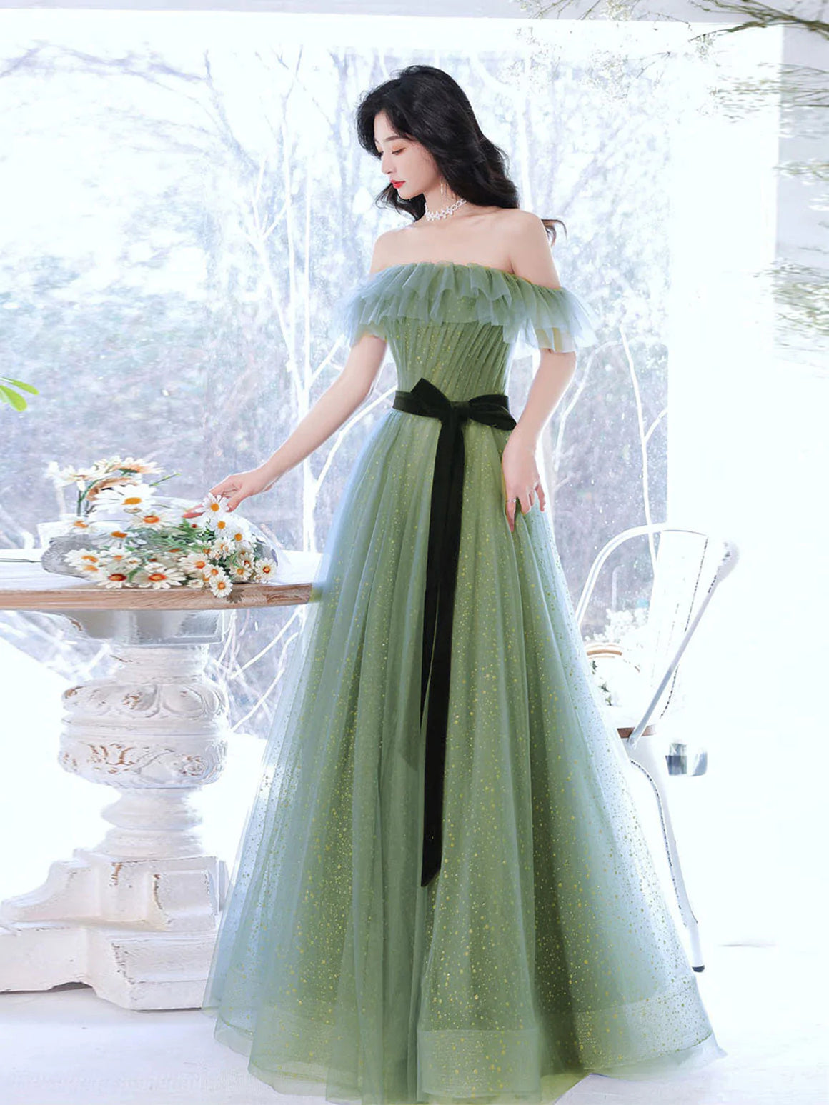 Shiny Off the Shoulder Green Prom Dresses, Off Shoulder Shiny Green Formal Evening Dresses