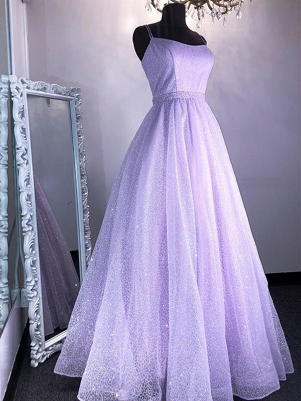 Shiny Purple Long Lace Prom Dresses, Shny Purple Lace Formal Evening Dresses