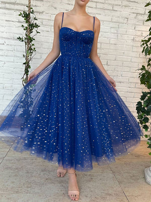 Shiny Tea Length Royal Blue Prom Dresses, Royal Blue Tea Length Formal Evening Dresses