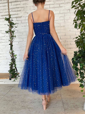 Shiny Tea Length Royal Blue Prom Dresses, Royal Blue Tea Length Formal Evening Dresses