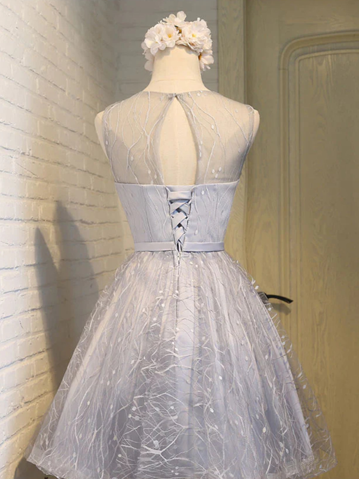 Shiny Silver Gray Short Lace Prom Dresses, Silver Gray Lace Short Home - shegown Shiny Silver Gray Short Lace Prom Dresses, Silver Gray Lace Short Home - shegown