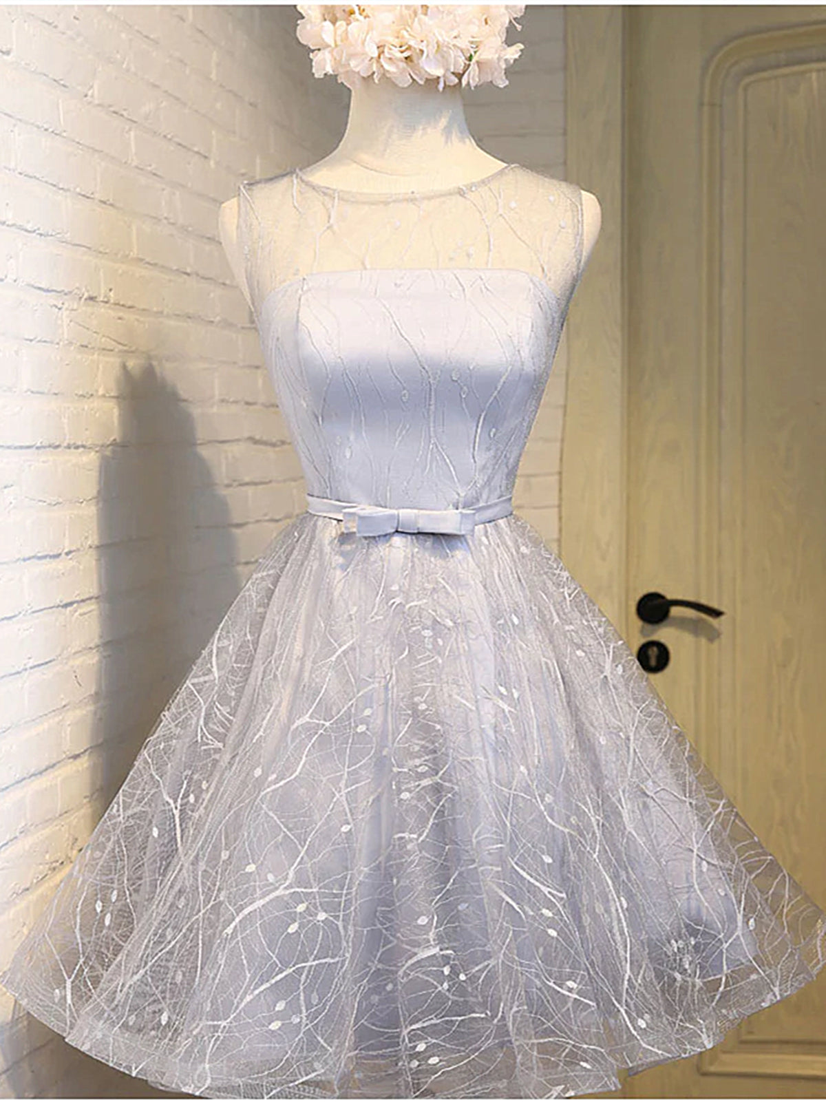 Shiny Silver Gray Short Lace Prom Dresses, Silver Gray Lace Short Home - shegown Shiny Silver Gray Short Lace Prom Dresses, Silver Gray Lace Short Home - shegown