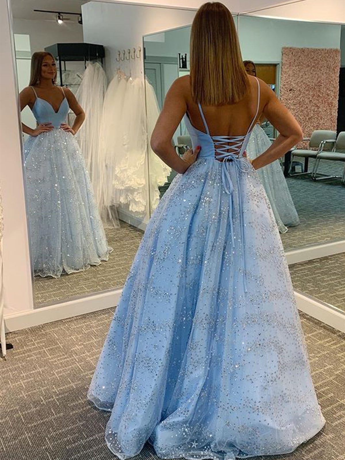 Shiny V Neck Blue Long Prom Dresses, Sky Blue Long Formal Evening Dresses, US 16 / Blue as Pics / With Rush+$19.99 Shiny V Neck Blue Long Prom Dresses, Sky Blue Long Formal Evening Dresses, US 16 / Blue as Pics / With Rush+$19.99
