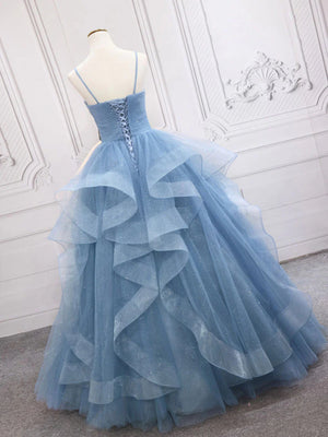 Shiny V Neck Blue Prom Dresses, Shiny V Neck Blue Formal Evening Dresses
