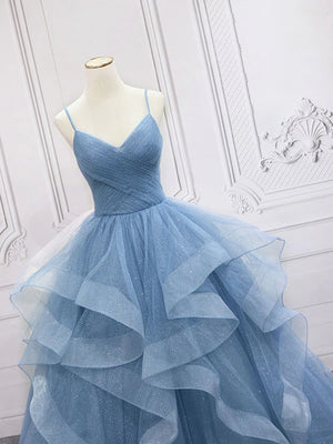 Shiny V Neck Blue Prom Dresses, Shiny V Neck Blue Formal Evening Dresses