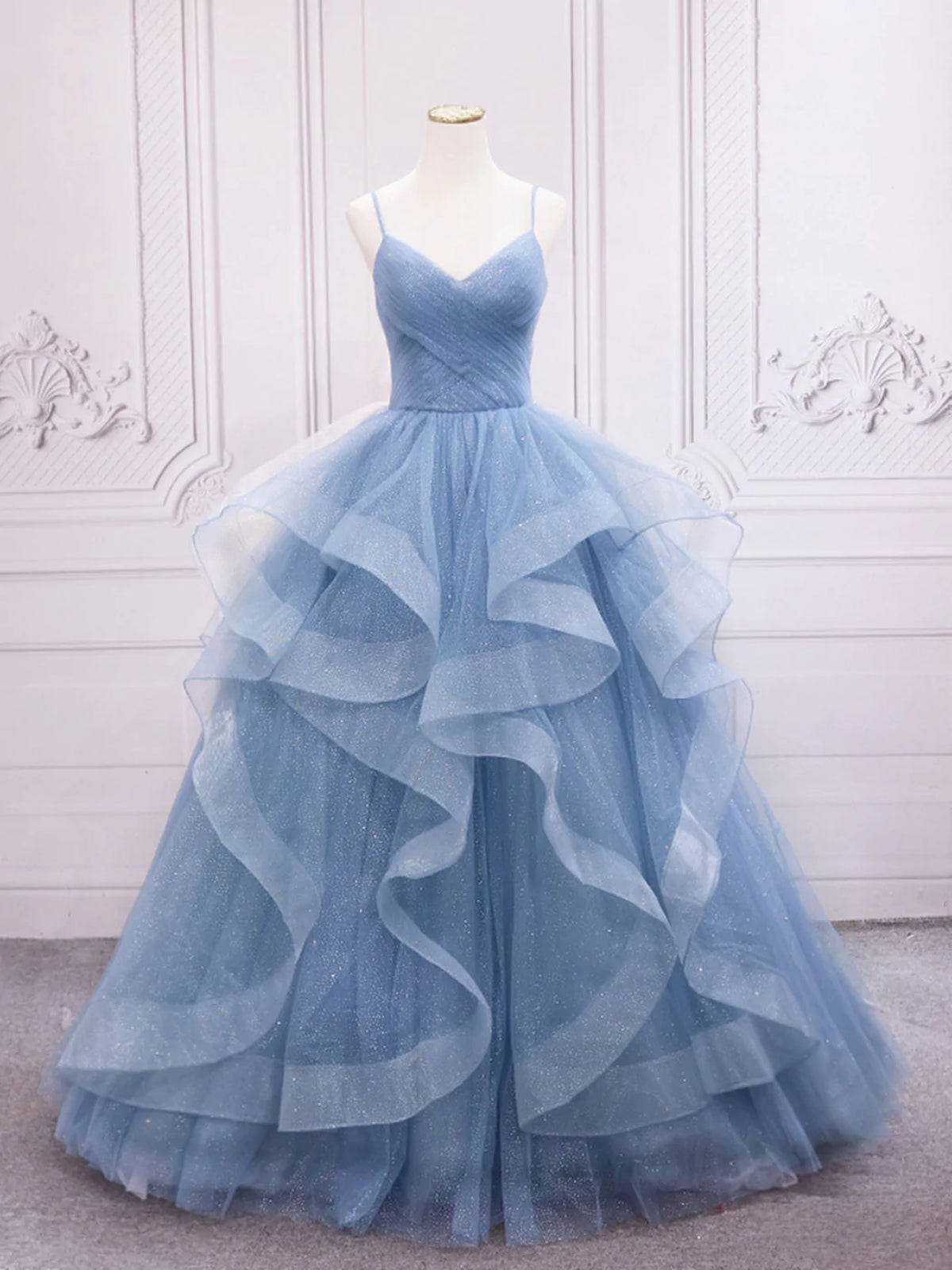 Shiny V Neck Blue Prom Dresses, Shiny V Neck Blue Formal Evening Dress - shegown Shiny V Neck Blue Prom Dresses, Shiny V Neck Blue Formal Evening Dress - shegown