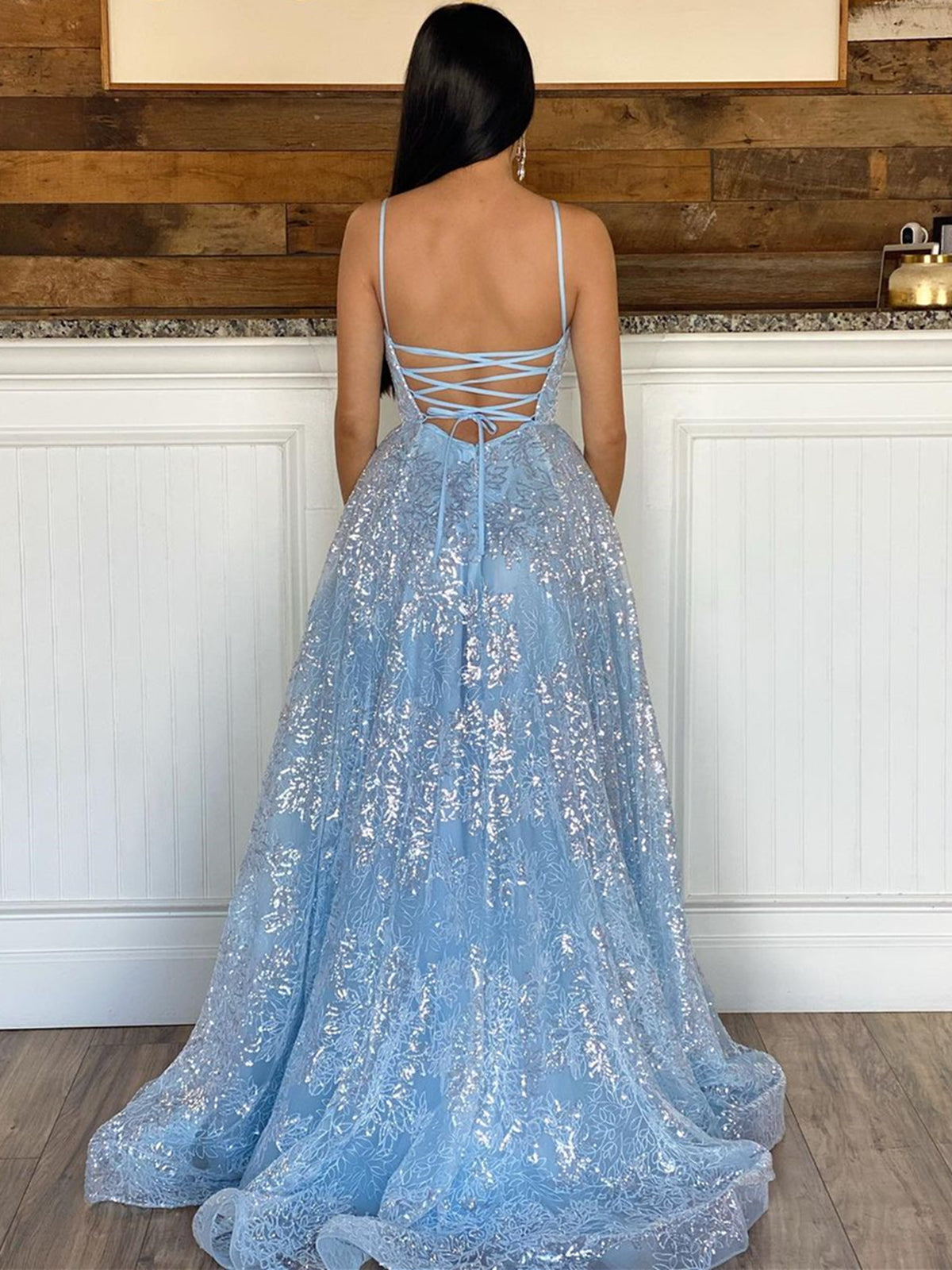 Shiny V Neck Blue Prom Dresses, V Neck Blue Lace Formal Graduation Dre - shegown Shiny V Neck Blue Prom Dresses, V Neck Blue Lace Formal Graduation Dre - shegown