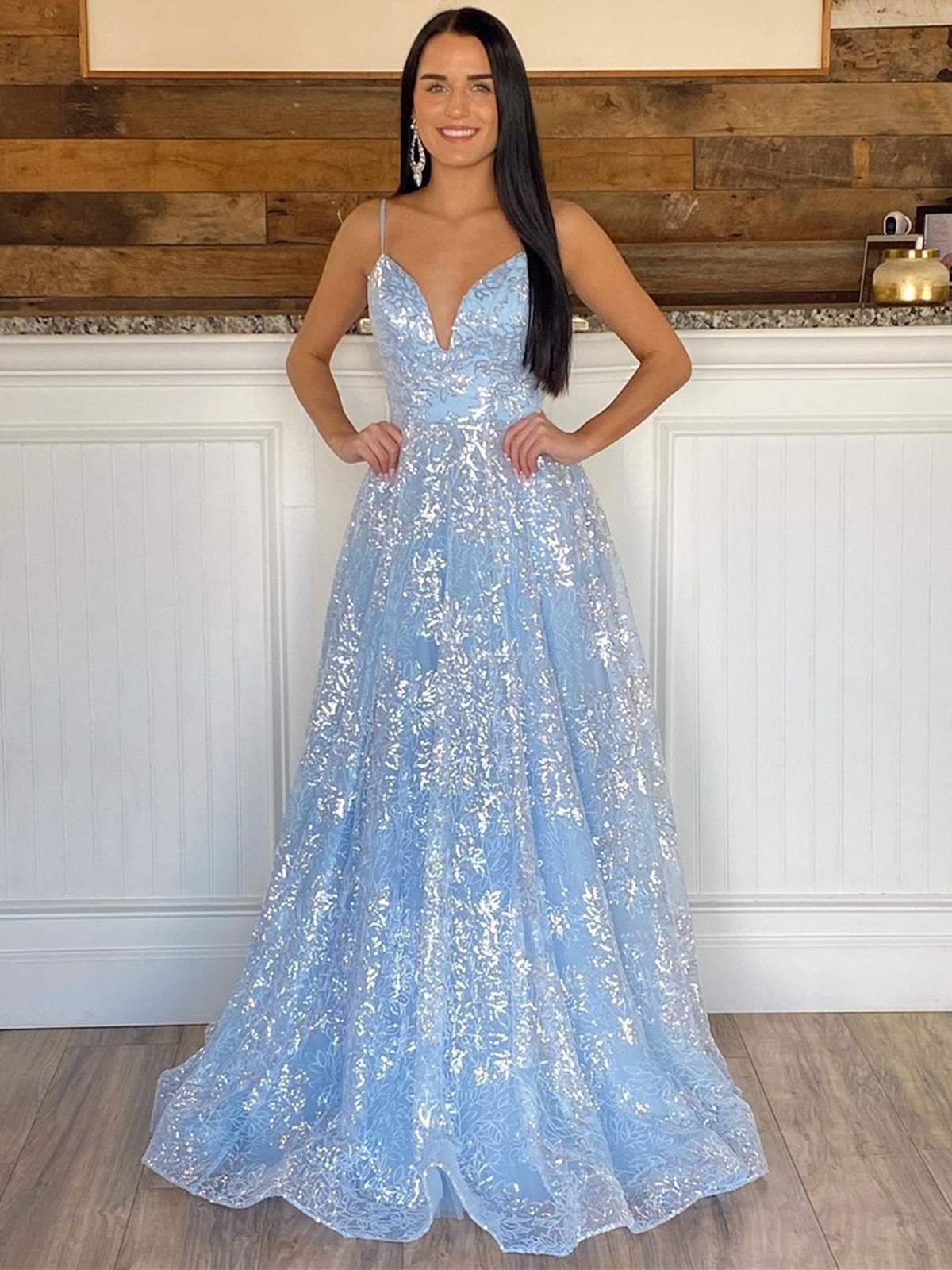 Shiny V Neck Blue Prom Dresses, V Neck Blue Lace Formal Graduation Dresses Shiny V Neck Blue Prom Dresses, V Neck Blue Lace Formal Graduation Dresses