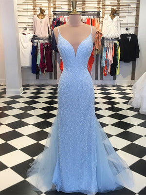 Shiny V Neck Mermaid Blue Prom Dresses, V Neck Blue Mermaid Formal Evening Dresses