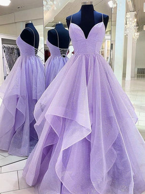Shiny V Neck Purple Long Prom Dresses, Purple V Neck Long Formal Evening Dresses