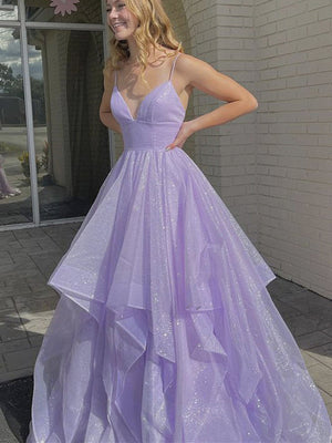 Shiny V Neck Purple Long Prom Dresses, V Neck Purple Fluffy Formal Graduation Dresses