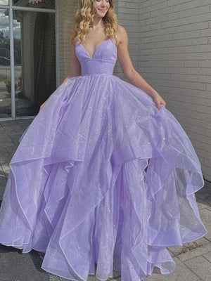 Shiny V Neck Purple Long Prom Dresses, V Neck Purple Fluffy Formal Graduation Dresses