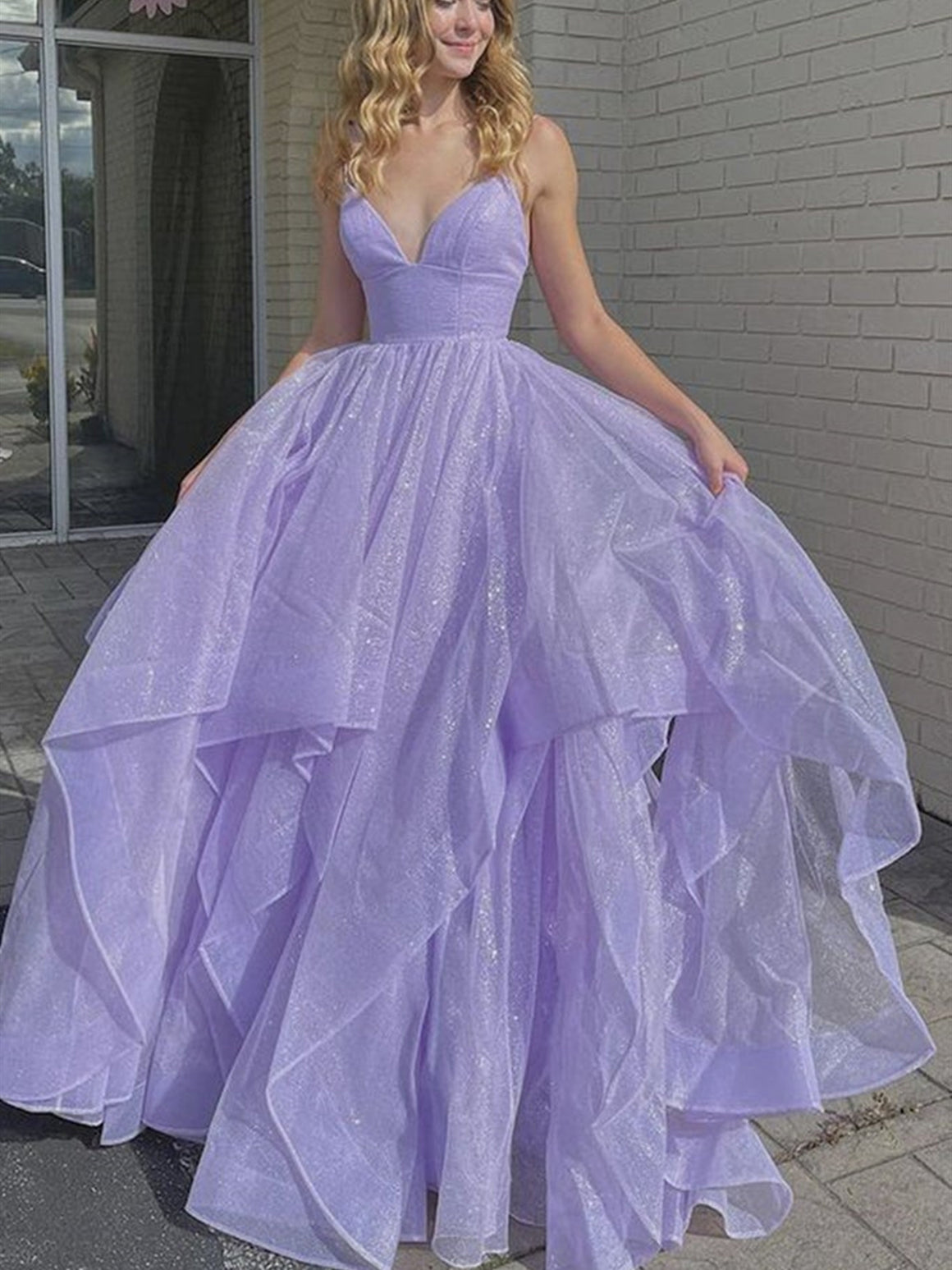 Shiny V Neck Purple Long Prom Dresses, V Neck Purple Fluffy Formal Graduation Dresses