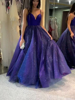 Shiny V Neck Purple Prom Dresses, V Neck Purple Long Formal Evening Dresses