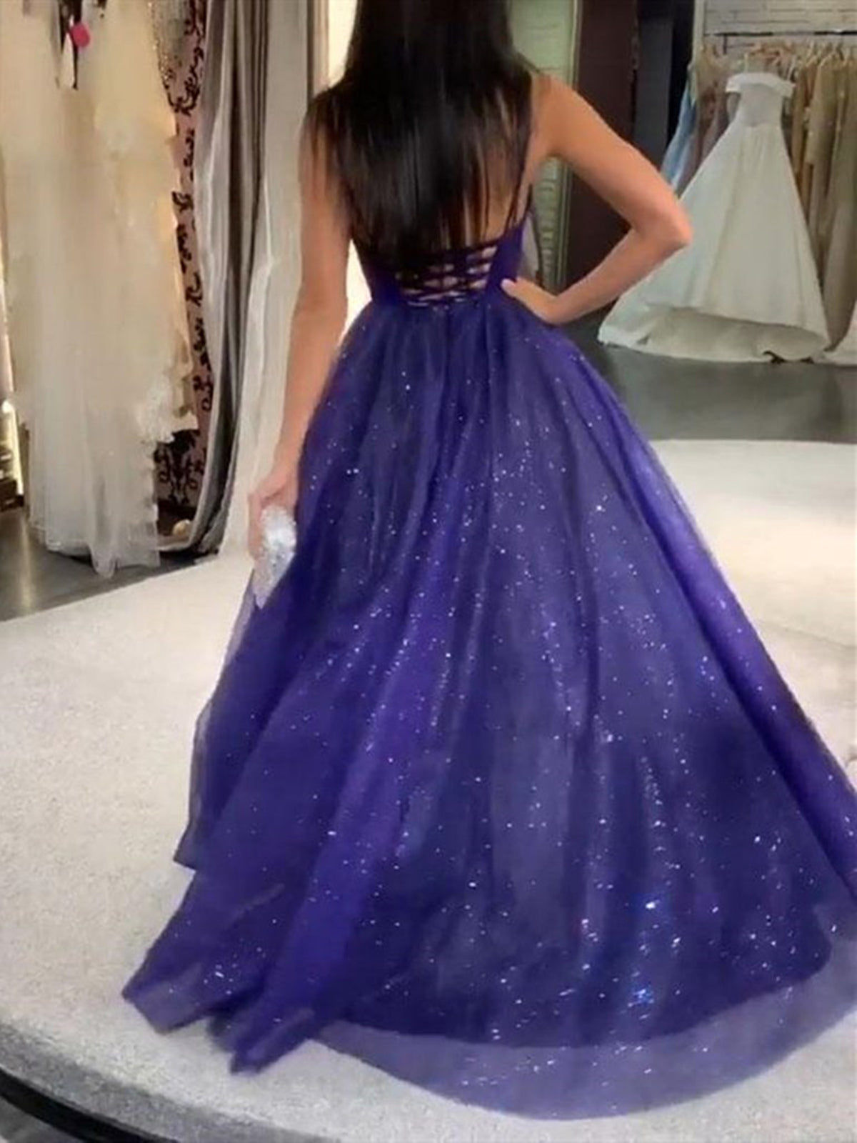 Shiny V Neck Purple Prom Dresses, V Neck Purple Long Formal Evening Dr - shegown Shiny V Neck Purple Prom Dresses, V Neck Purple Long Formal Evening Dr - shegown