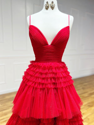 Shiny V Neck Red High Low Prom Dresses, V Neck High Low Red Formal Evening Dresses