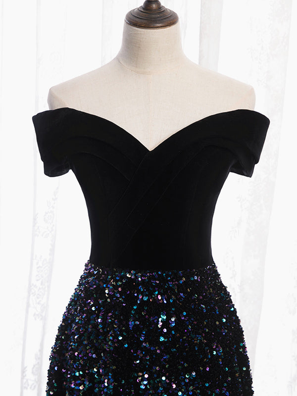 Shiny Off the Shoulder Black Prom Dresses with Corset Back, Shiny Blac - shegown Shiny Off the Shoulder Black Prom Dresses with Corset Back, Shiny Blac - shegown