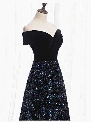 Shiny Off the Shoulder Black Prom Dresses with Corset Back, Shiny Black Long Formal Evening Dresses