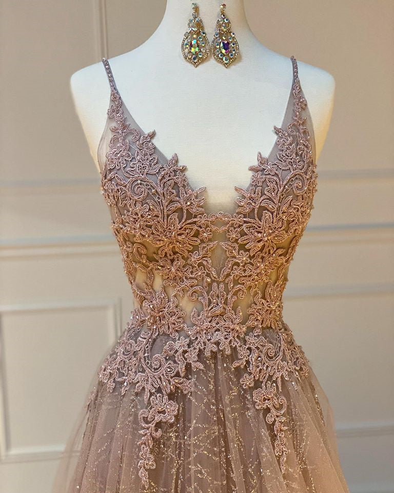 Shiny V Neck Champagne Lace Prom Dresses, Champagne V Neck Lace Formal - shegown Shiny V Neck Champagne Lace Prom Dresses, Champagne V Neck Lace Formal - shegown