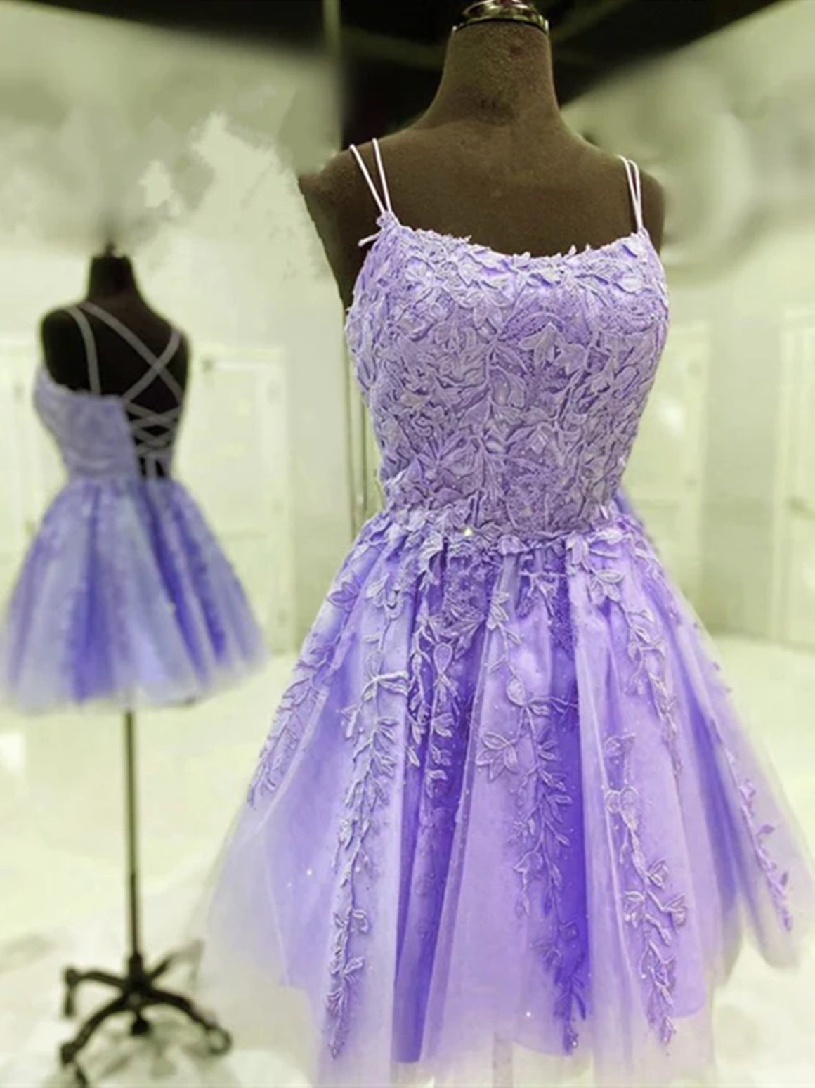 Short Backless Lace Prom Dresses, Short Backless Purple Lace Formal Homecoming Dresses