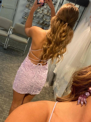 Short Backless Purple Lace Prom Dresses, Open Back Short Purple Lace Formal Graduation Dresses
