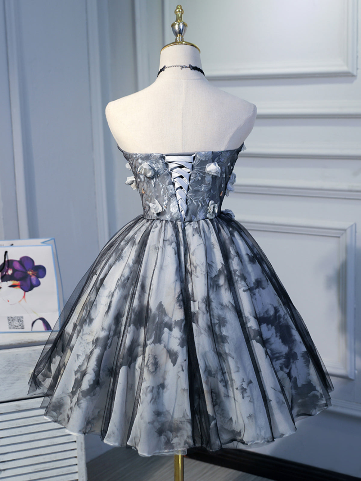Short Black Floral Prom Dresses, Short Black Floral Formal Homecoming - shegown Short Black Floral Prom Dresses, Short Black Floral Formal Homecoming - shegown