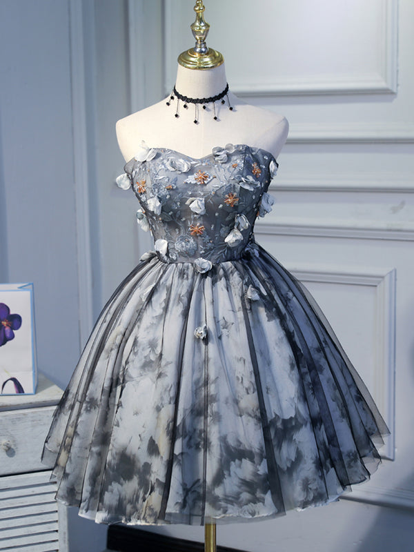 Short Black Floral Prom Dresses, Short Black Floral Formal Homecoming