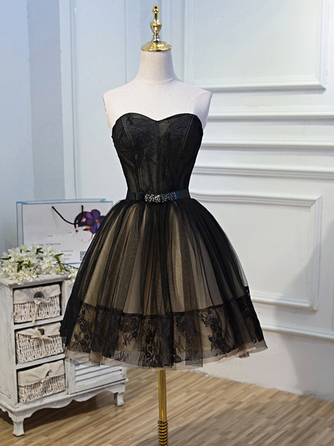 Short Black Lace Prom Dresses, Little Black Lace Formal Homecoming Dresses