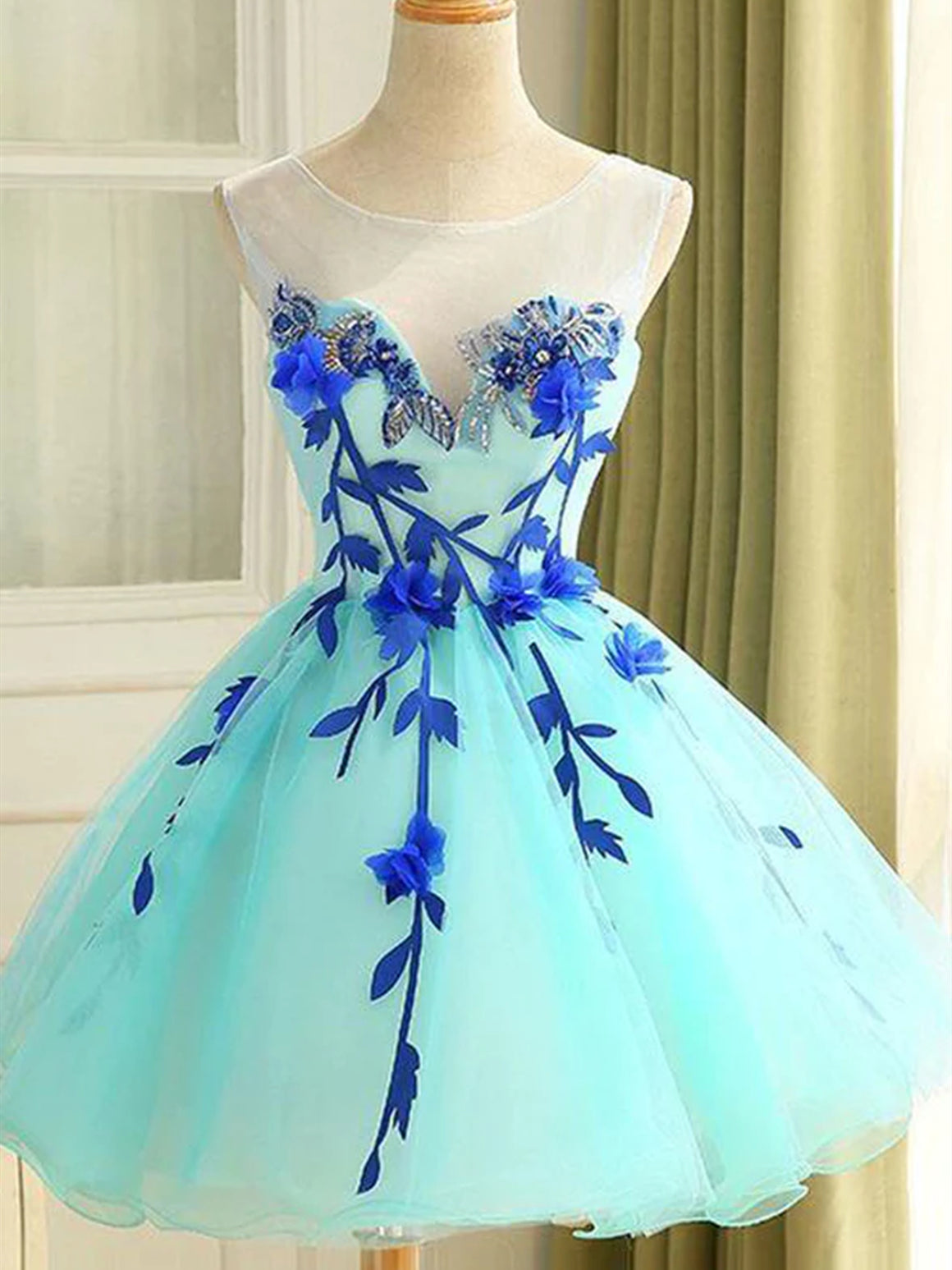 Short Blue Floral Prom Dresses, Short Blue Floral Graduation Homecoming Dresses