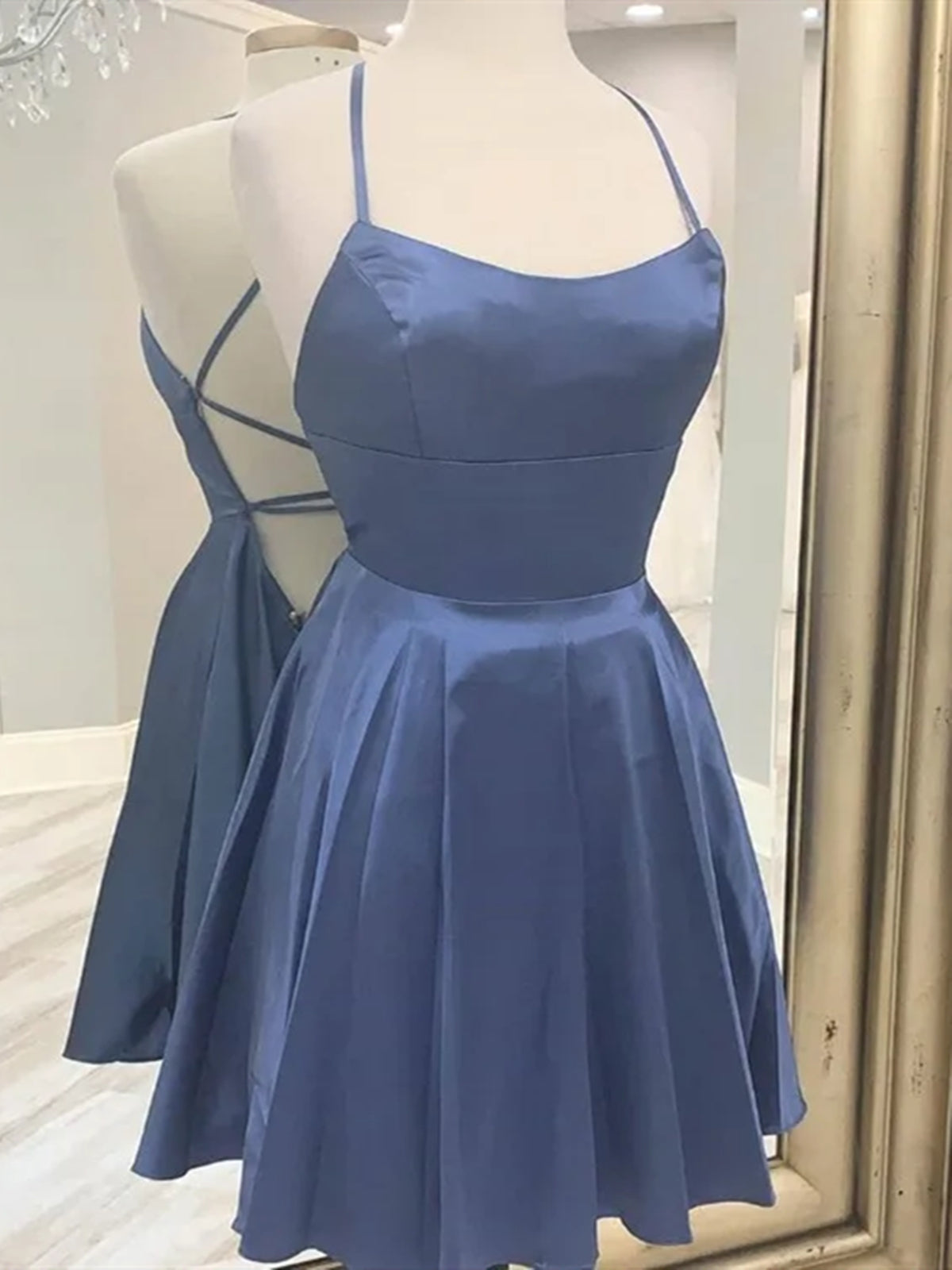Short Blue Gray Backless Prom Dresses, Open Back Blue Gray Short Forma -  shegown