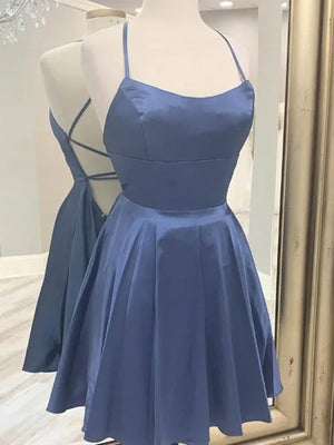 Short Blue Gray Backless Prom Dresses, Open Back Blue Gray Short Formal Homecoming Dresses