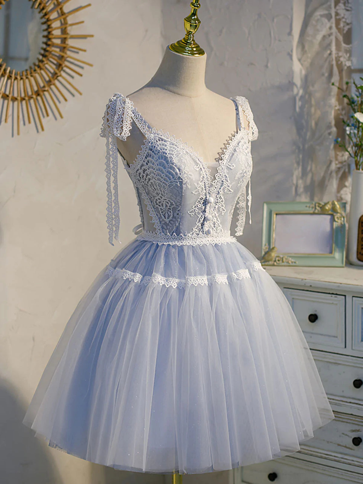 Short Blue Lace Prom Dresses, Short Blue lace Formal Homecoming Dresse