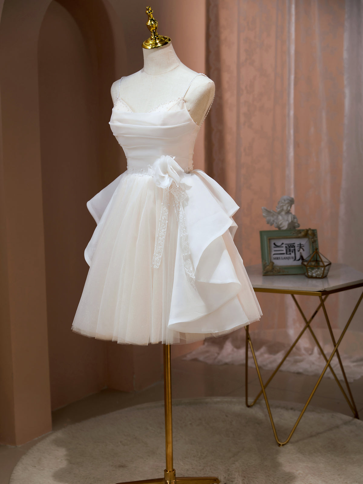 Short Champagne Floral Prom Dresses, Short Champagne Floral Formal Hom