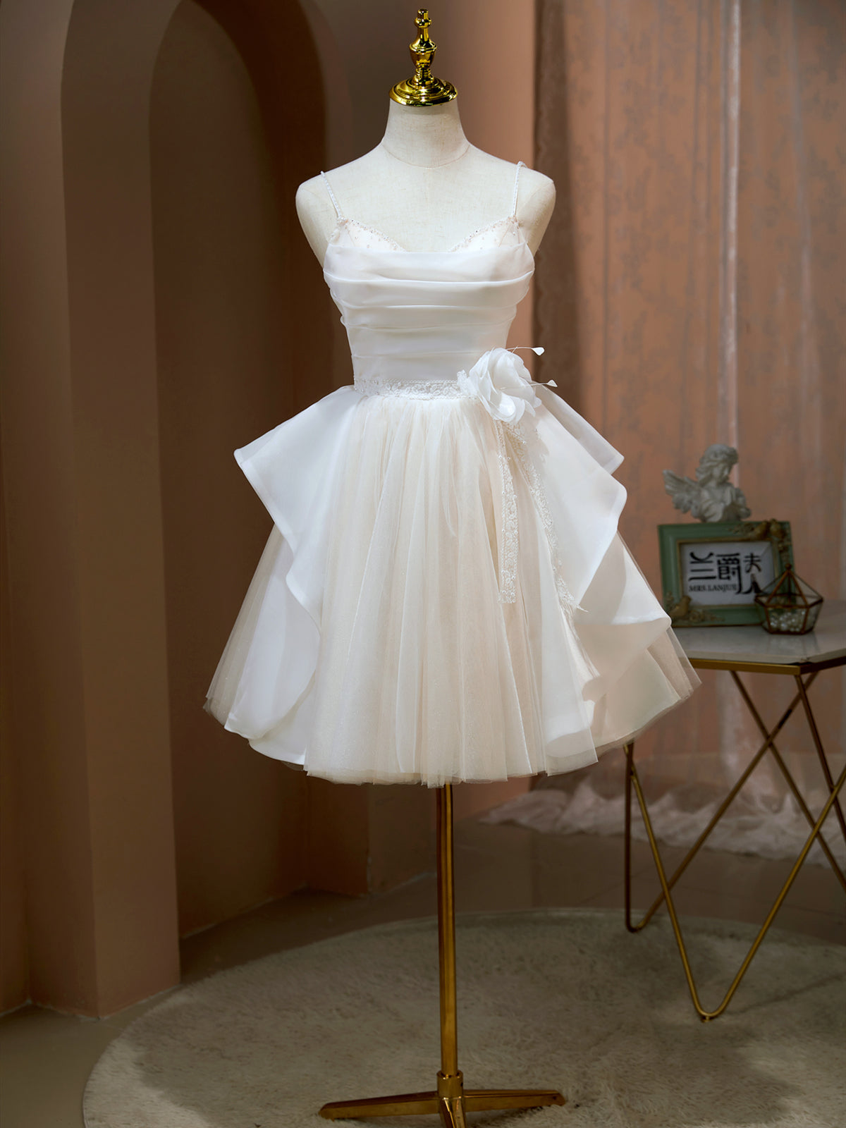 Short Champagne Floral Prom Dresses, Short Champagne Floral Formal Hom