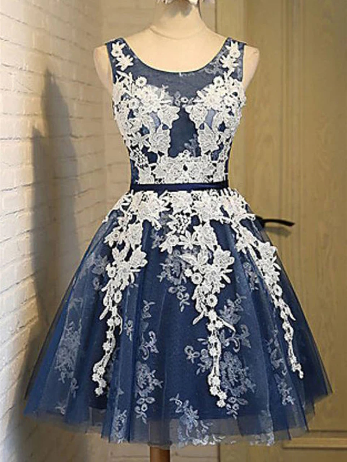 Short Dark Navy Blue Prom Dress with White Lace, Short Dark Navy Blue - shegown Short Dark Navy Blue Prom Dress with White Lace, Short Dark Navy Blue - shegown