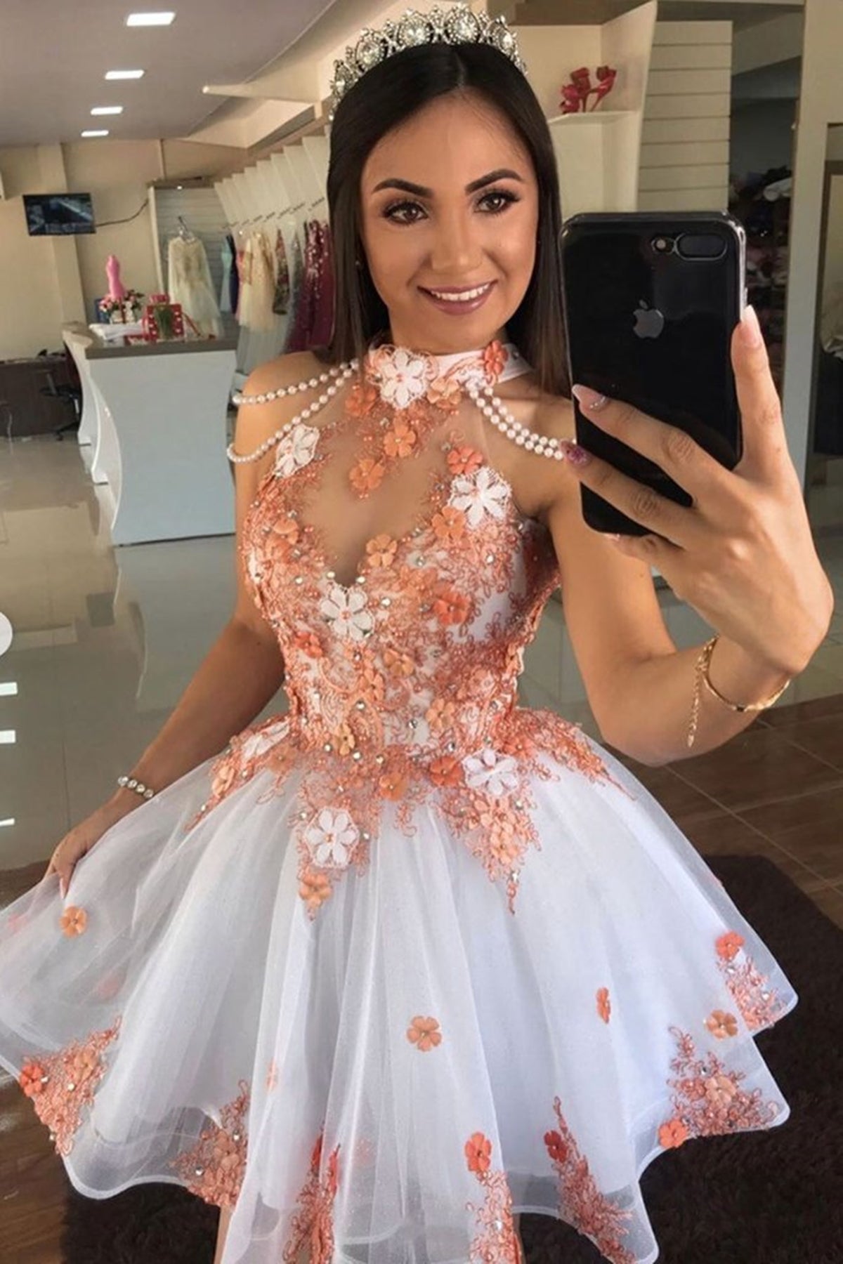Short Floral Lace Beaded Prom Dresses, White Orange Short Lace Formal Homecoming Dresses, US 14 / Custom Color / With Rush+$19.99 Short Floral Lace Beaded Prom Dresses, White Orange Short Lace Formal Homecoming Dresses, US 14 / Custom Color / With Rush+$19.99