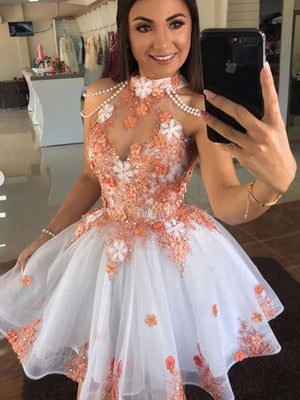 Short Floral Lace Beaded Prom Dresses, White Orange Short Lace Formal Homecoming Dresses