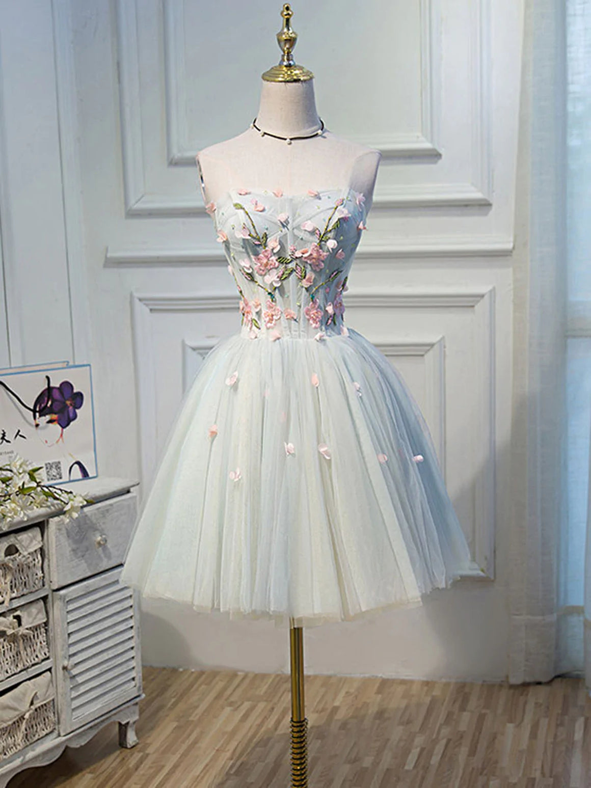 Short Floral Tulle Prom Dresses, Short Floral Tulle Formal Homecoming Dresses