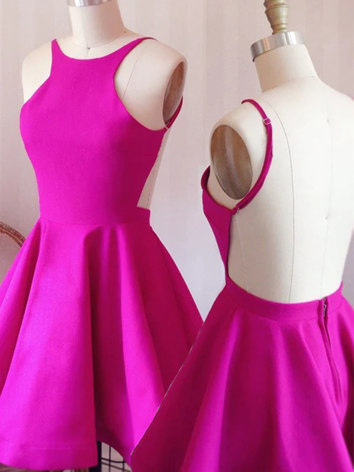 Strapless Short Hot Pink Satin Prom Dresses, Short Hot Pink