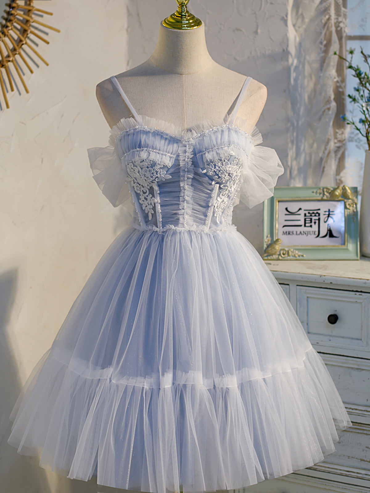 Short Off the Shoulder Light Blue Prom Dresses, Light Blue Formal Home - shegown Short Off the Shoulder Light Blue Prom Dresses, Light Blue Formal Home - shegown