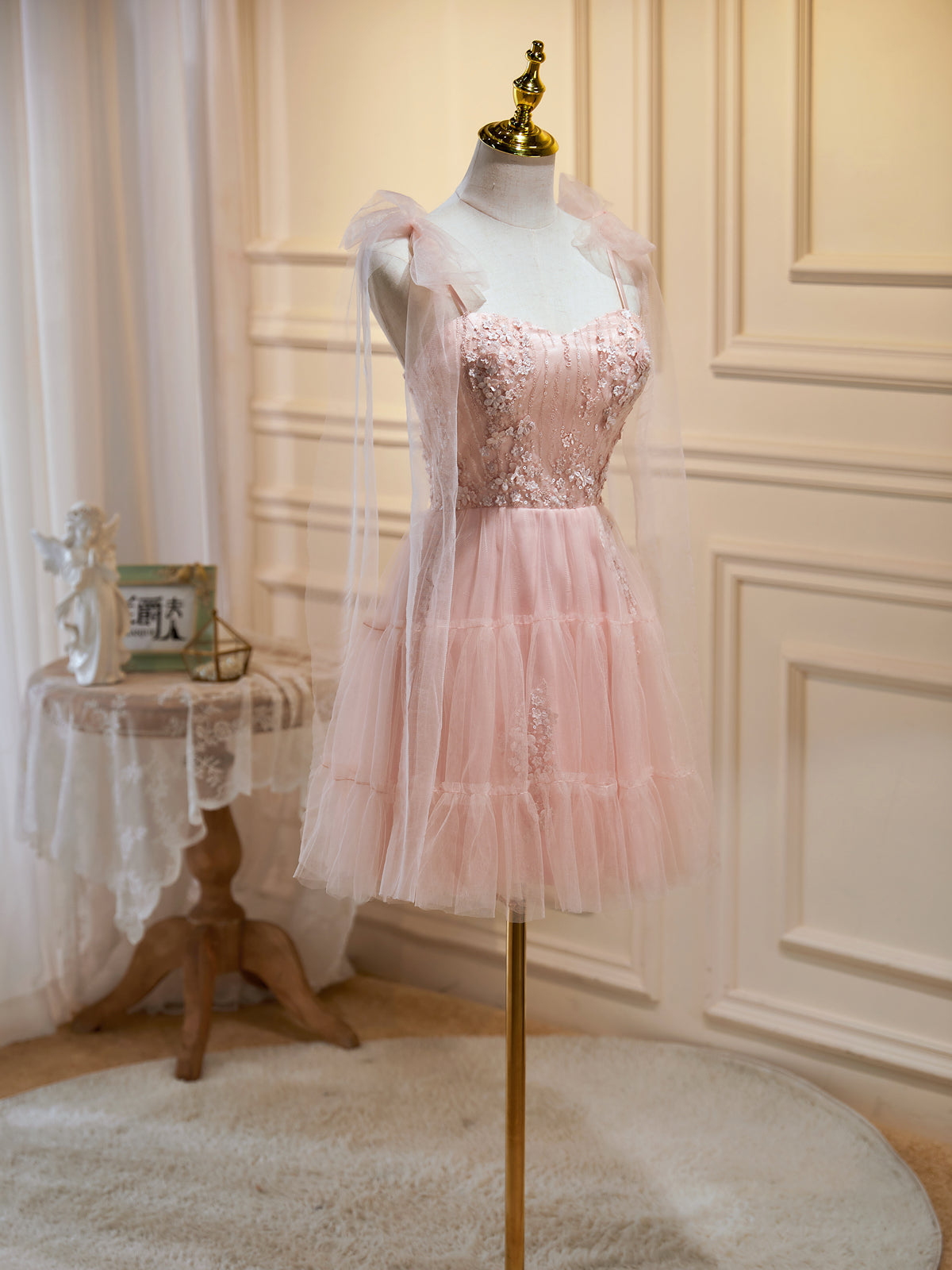 Short Pink Floral Prom Dresses, Short Pink Tulle Floral Formal Homecoming Dresses Short Pink Floral Prom Dresses, Short Pink Tulle Floral Formal Homecoming Dresses