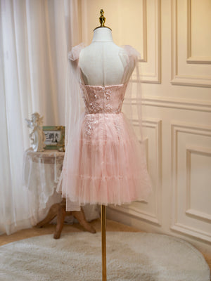 Short Pink Floral Prom Dresses, Short Pink Tulle Floral Formal Homecoming Dresses