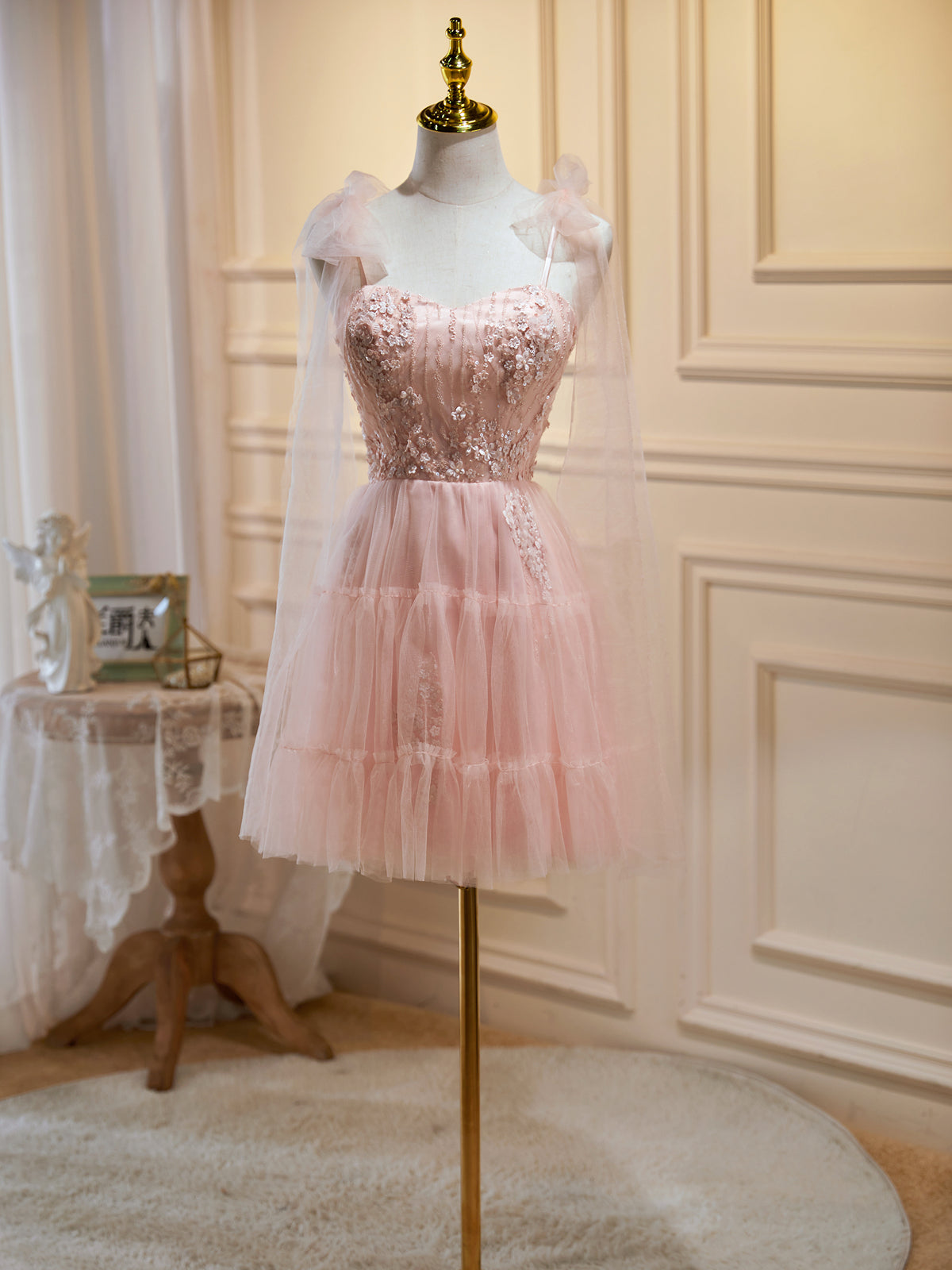 Short Pink Floral Prom Dresses, Short Pink Tulle Floral Formal Homecoming Dresses, US 16 / Pink as Pics / With Rush+$19.99