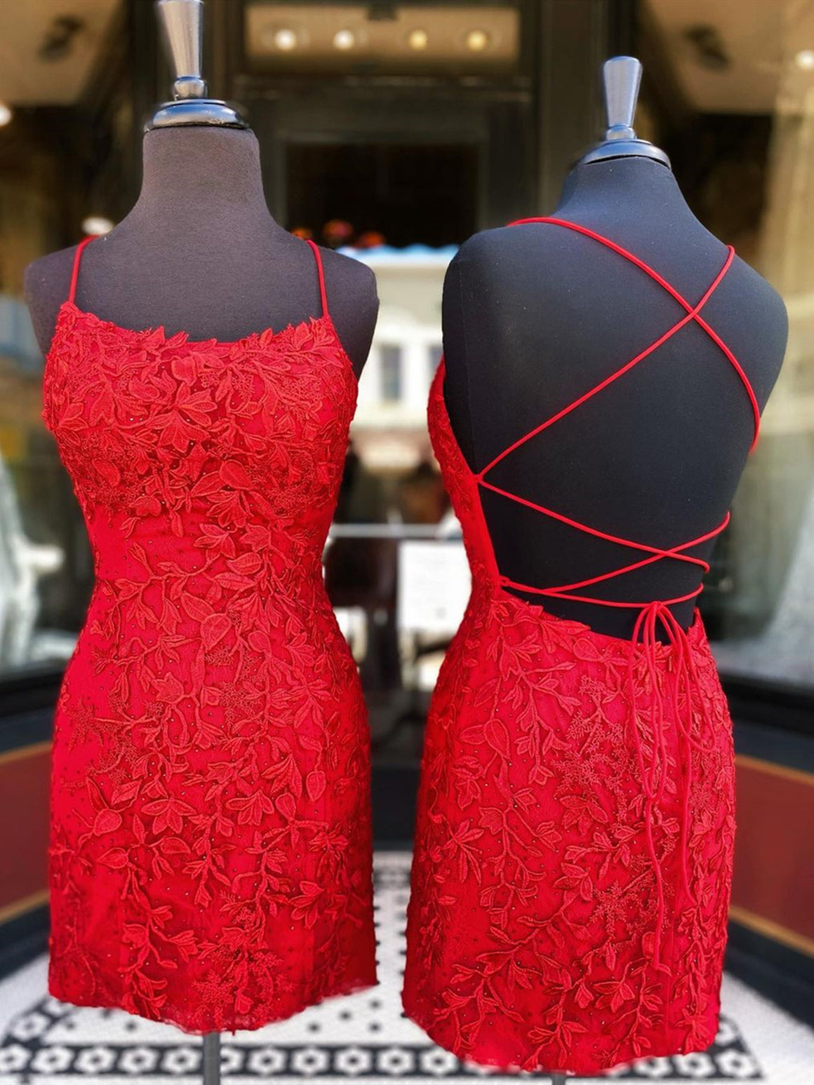 Short Red Backless Lace Prom Dresses, Short Backless Red Lace Graduation Homecoming Dresses