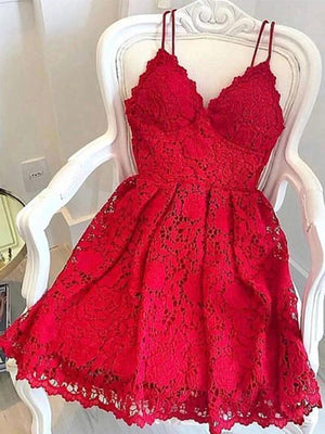 Short Red Lace Prom Dresses, Short Red Lace Formal Graduation Homecoming Dresses