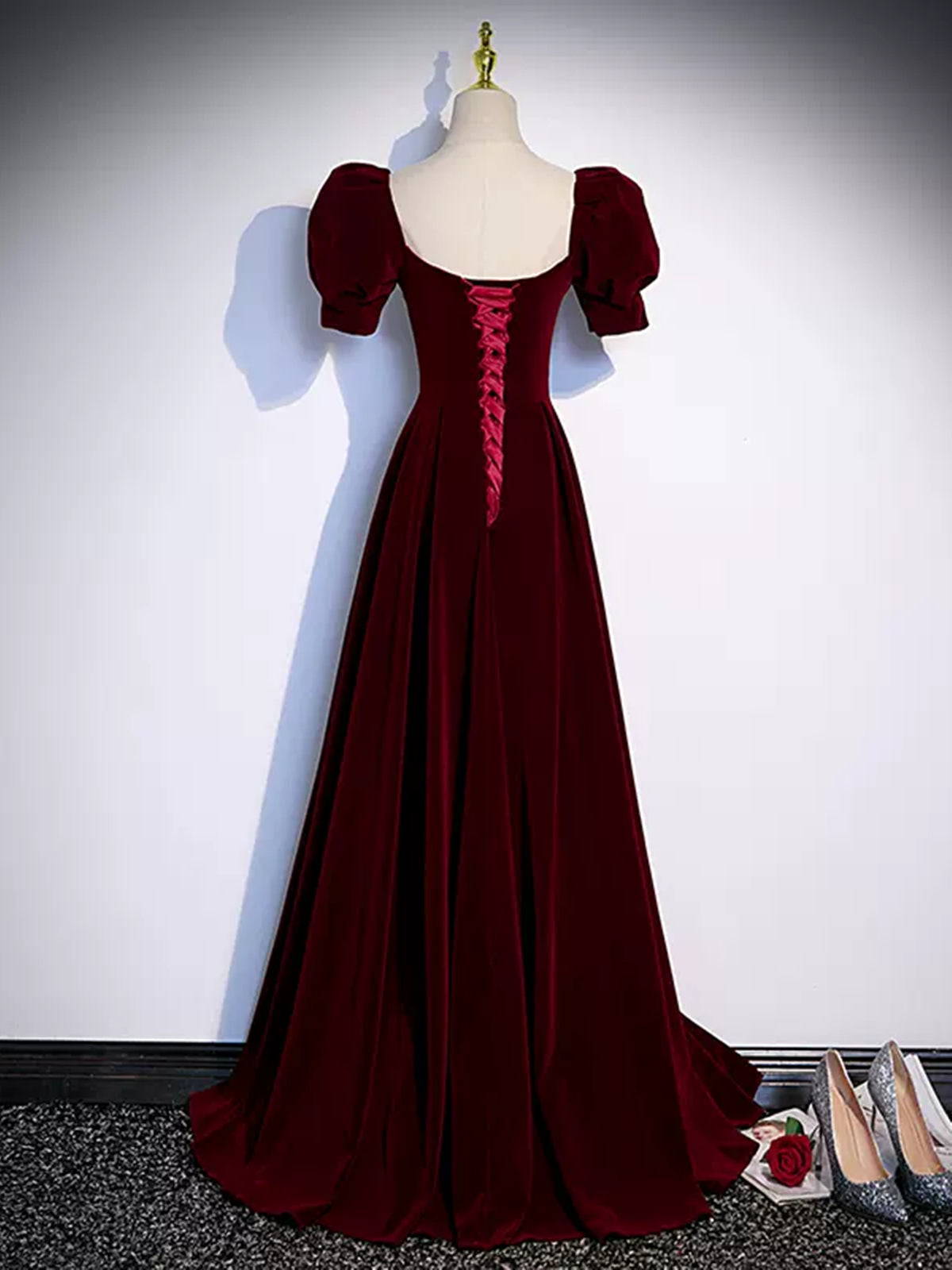 Short Sleeves Burgundy Long Prom Dresses, Wine Red Long Formal Evening - shegown Short Sleeves Burgundy Long Prom Dresses, Wine Red Long Formal Evening - shegown