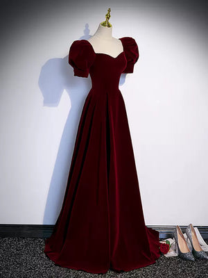 Short Sleeves Burgundy Long Prom Dresses, Wine Red Long Formal Evening Dresses