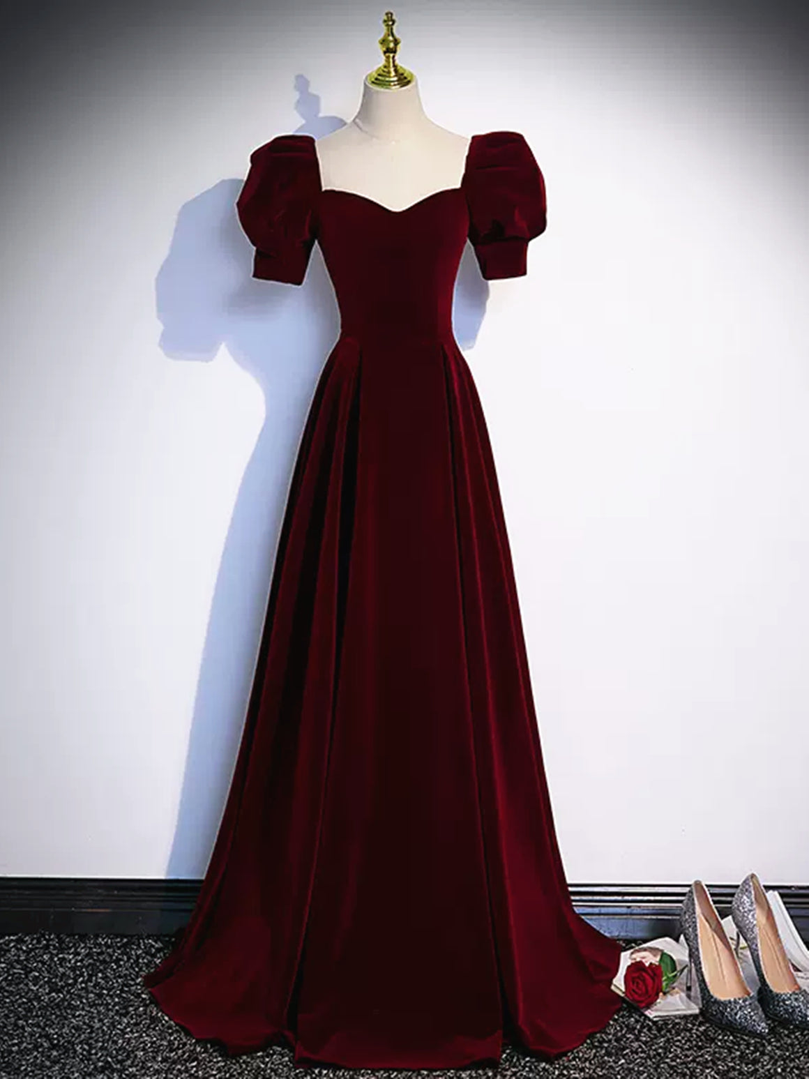Short Sleeves Burgundy Long Prom Dresses, Wine Red Long Formal Evening Dresses
